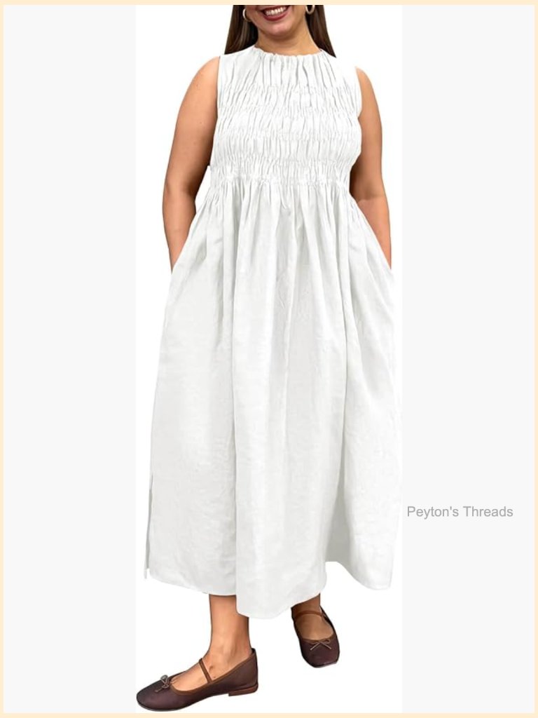 Plus Size Maxi Dress Sleeveless Crewneck Ruched Sundress With Pockets